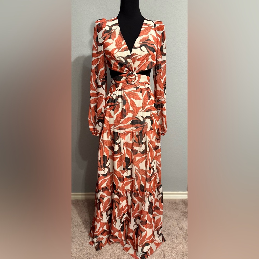 NWT Gianni Bini Lillian Copper Palm Print Deep V-Neck Cut-Out Maxi Dress Size 2